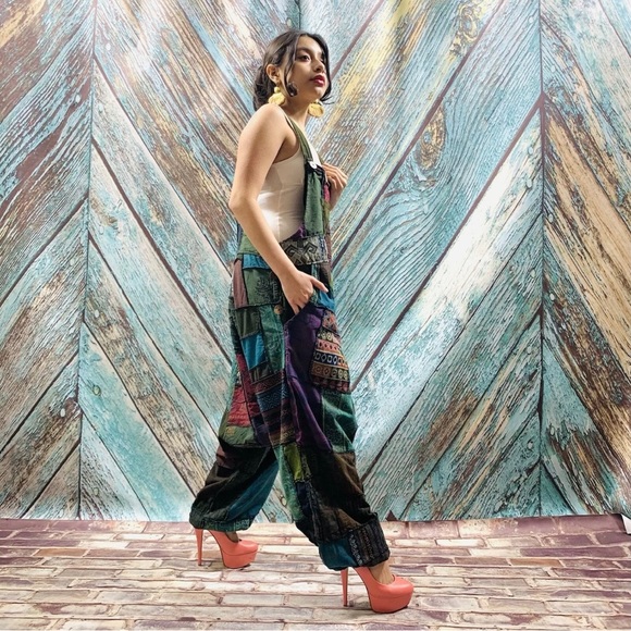 Handmade Baggy Hippy Patchwork Overall Jumpsuit - Picture 2 of 6